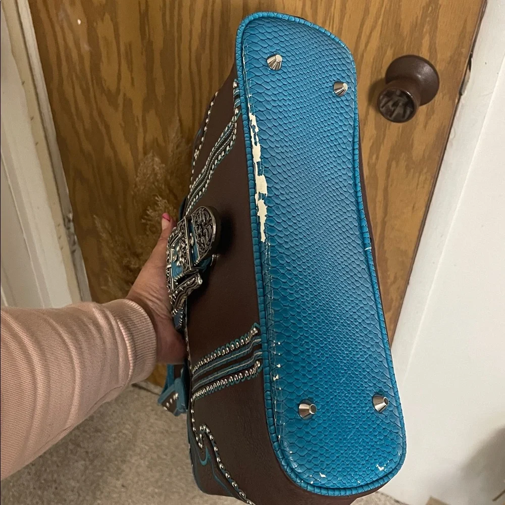 Brown and Blue Studded Women's Handbag - Picture 12 of 12